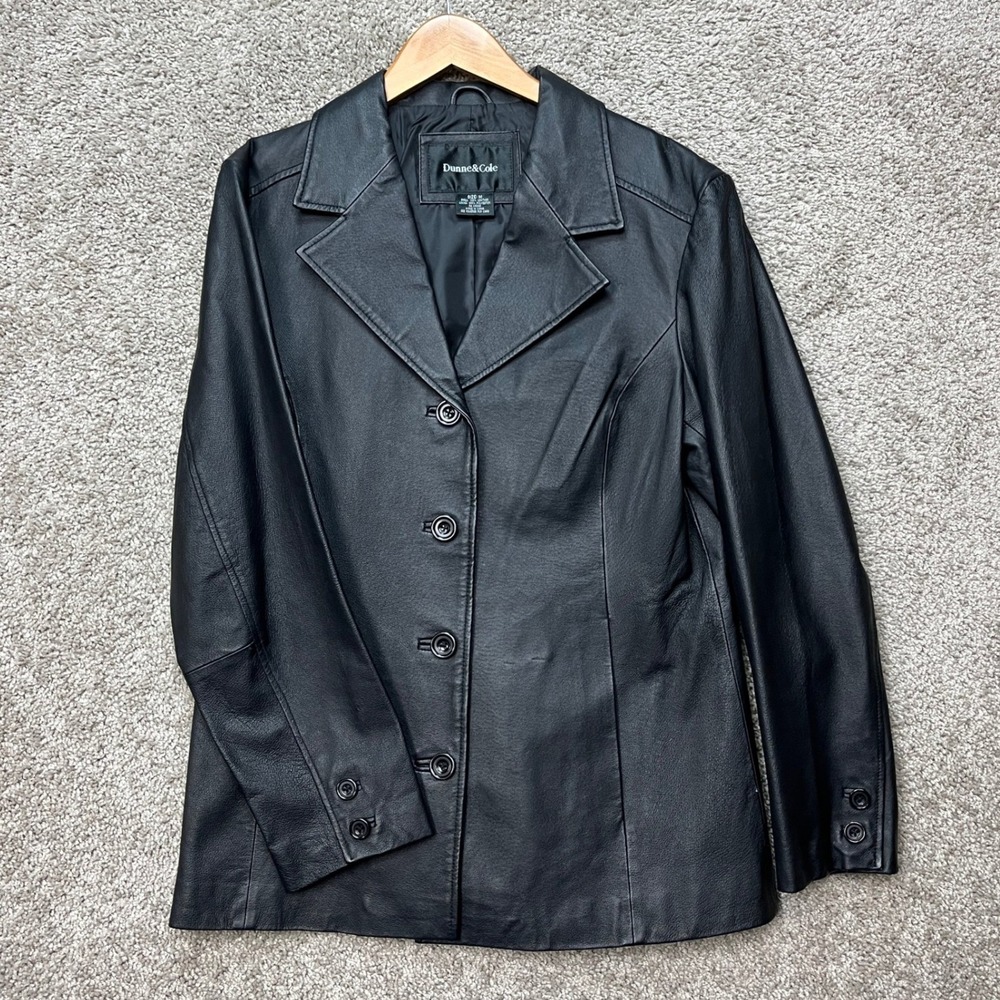 Dunne Cole Leather Blazer Women Medium Black Long Sleeve 4-Button Classic Jacket